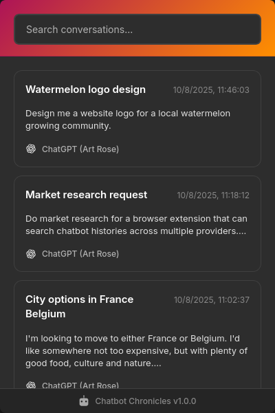 Screenshot of Chatbot Chronicles extension (dark theme)
