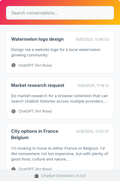 Screenshot of Chatbot Chronicles extension (light theme)