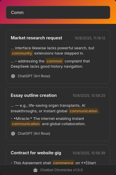 Screenshot showing search functionality of Chatbot Chronicles extension
