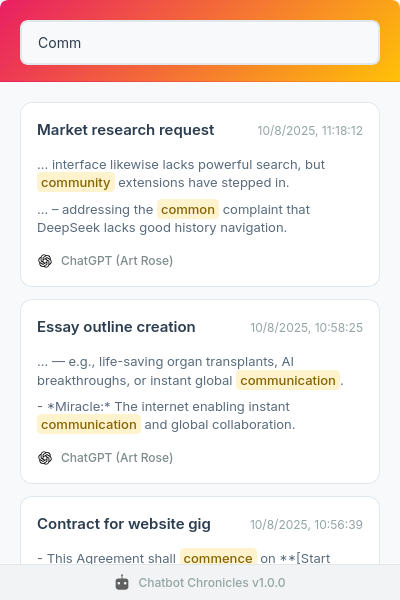 Screenshot showing search functionality of Chatbot Chronicles extension
